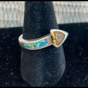 Vintage Sterling Silver Citrine & Opal Inlay Ring Signed Artisan Santa Fe 6.5
